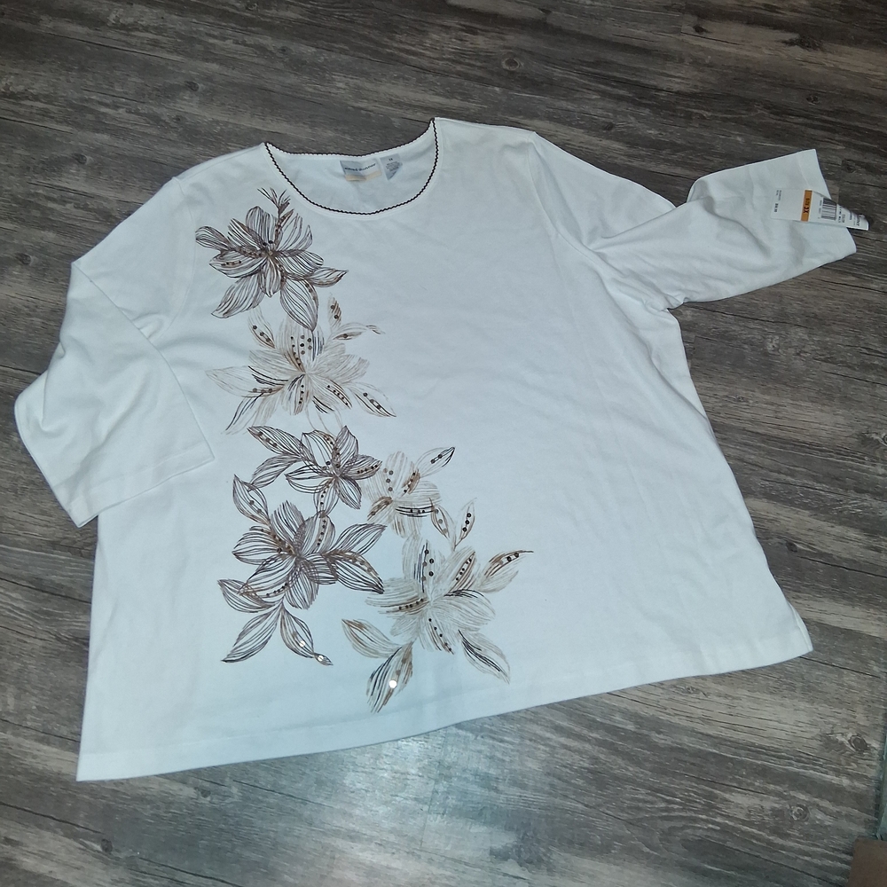 ALFRED DUNNER Eggshell White & Brown Embroidered Floral Shirt New!